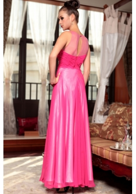 Extravagant Hot Pink Column/Sheath Chiffon Scoop Sleeveless Ruching Ankle Length Zipper Prom Dress