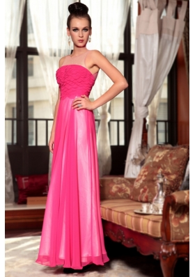 Extravagant Hot Pink Column/Sheath Chiffon Scoop Sleeveless Ruching Ankle Length Zipper Prom Dress