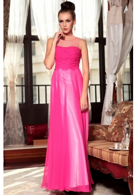 Extravagant Hot Pink Column/Sheath Chiffon Scoop Sleeveless Ruching Ankle Length Zipper Prom Dress