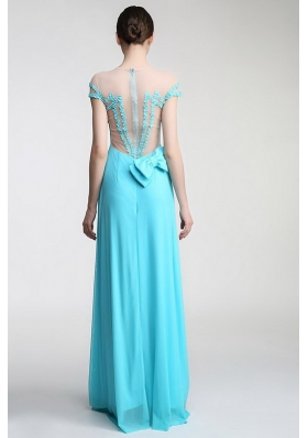 Fitting Column/Sheath Prom Evening Gown Aqua Blue Scoop Chiffon Short Sleeves Floor Length Zipper