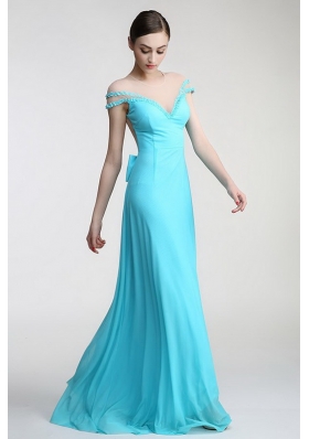 Fitting Column/Sheath Prom Evening Gown Aqua Blue Scoop Chiffon Short Sleeves Floor Length Zipper