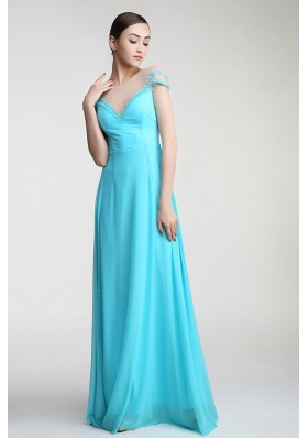 Fitting Column/Sheath Prom Evening Gown Aqua Blue Scoop Chiffon Short Sleeves Floor Length Zipper