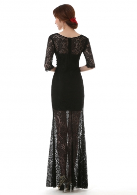 Fitting Column/Sheath Prom Evening Gown Black Scoop Lace Half Sleeves Ankle Length Zipper