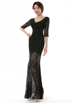 Fitting Column/Sheath Prom Evening Gown Black Scoop Lace Half Sleeves Ankle Length Zipper