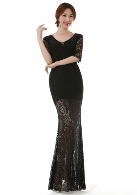 Fitting Column/Sheath Prom Evening Gown Black Scoop Lace Half Sleeves Ankle Length Zipper