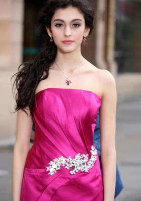 Hot Pink Column/Sheath Beading Prom Dresses Zipper Satin Sleeveless Floor Length