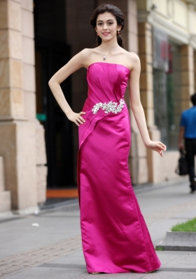 Hot Pink Column/Sheath Beading Prom Dresses Zipper Satin Sleeveless Floor Length