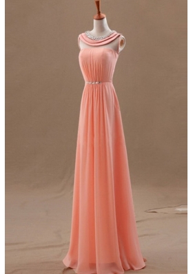 Hot Sale Watermelon Red Column/Sheath Bateau Sleeveless Chiffon Floor Length Zipper Beading Prom Gown