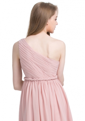 One Shoulder Pink Column/Sheath Ruching Prom Dresses Side Zipper Chiffon Sleeveless Knee Length