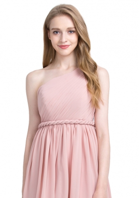 One Shoulder Pink Column/Sheath Ruching Prom Dresses Side Zipper Chiffon Sleeveless Knee Length