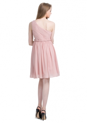 One Shoulder Pink Column/Sheath Ruching Prom Dresses Side Zipper Chiffon Sleeveless Knee Length