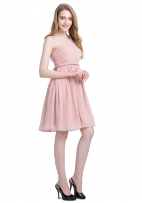 One Shoulder Pink Column/Sheath Ruching Prom Dresses Side Zipper Chiffon Sleeveless Knee Length