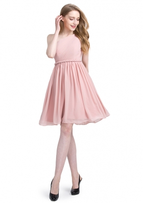 One Shoulder Pink Column/Sheath Ruching Prom Dresses Side Zipper Chiffon Sleeveless Knee Length