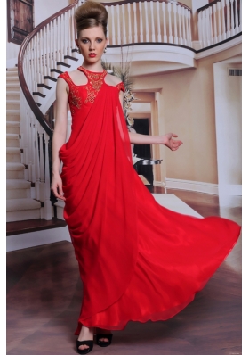 Red Column/Sheath Chiffon Scoop Sleeveless Beading and Appliques Floor Length Side Zipper Prom Dresses