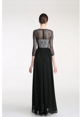 Scoop Black Column/Sheath Lace Prom Dresses Zipper Chiffon 3|4 Length Sleeve Ankle Length