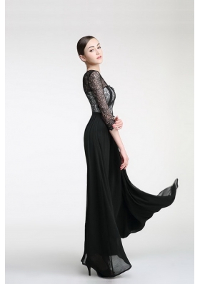 Scoop Black Column/Sheath Lace Prom Dresses Zipper Chiffon 3|4 Length Sleeve Ankle Length