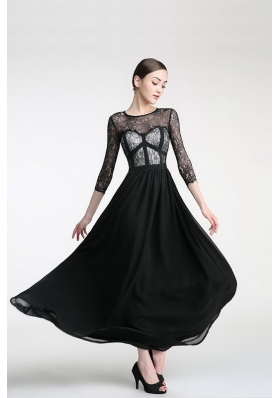 Scoop Black Column/Sheath Lace Prom Dresses Zipper Chiffon 3|4 Length Sleeve Ankle Length