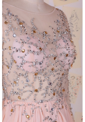 Scoop Pink Column/Sheath Beading Prom Evening Gown Zipper Chiffon Long Sleeves With Train