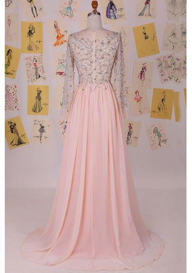 Scoop Pink Column/Sheath Beading Prom Evening Gown Zipper Chiffon Long Sleeves With Train