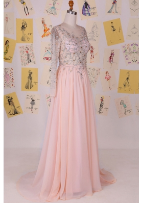 Scoop Pink Column/Sheath Beading Prom Evening Gown Zipper Chiffon Long Sleeves With Train