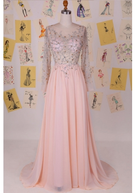 Scoop Pink Column/Sheath Beading Prom Evening Gown Zipper Chiffon Long Sleeves With Train