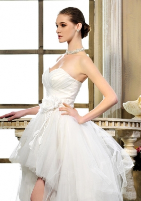 White Column/Sheath Sweetheart Sleeveless Tulle High Low Lace Up Ruching and Hand Made Flower Wedding Dress