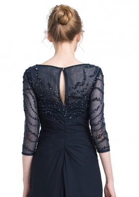 Black Zipper Prom Evening Gown Beading 3|4 Length Sleeve Floor Length