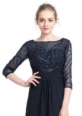 Black Zipper Prom Evening Gown Beading 3|4 Length Sleeve Floor Length