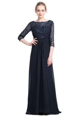 Black Zipper Prom Evening Gown Beading 3|4 Length Sleeve Floor Length