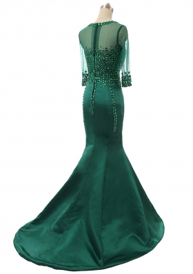 Green Mermaid Satin Scoop 3|4 Length Sleeve Beading Zipper Prom Gown Brush Train