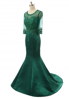 Green Mermaid Satin Scoop 3|4 Length Sleeve Beading Zipper Prom Gown Brush Train