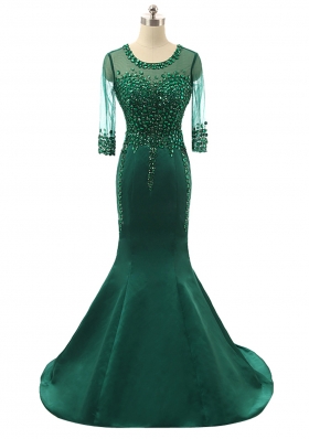 Green Mermaid Satin Scoop 3|4 Length Sleeve Beading Zipper Prom Gown Brush Train
