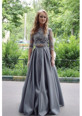 High Class Grey Scoop Zipper Lace Prom Evening Gown 3|4 Length Sleeve