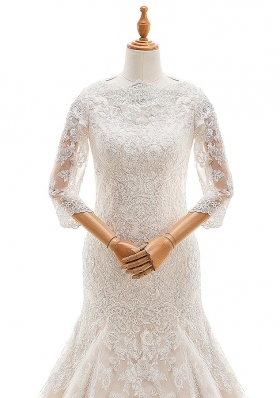 Hot Sale Mermaid Lace 3|4 Length Sleeve With Train Wedding Dress Court Train and Lace and Ruffled Layers