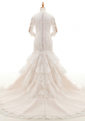 Hot Sale Mermaid Lace 3|4 Length Sleeve With Train Wedding Dress Court Train and Lace and Ruffled Layers