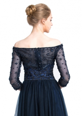Off the Shoulder Navy Blue 3|4 Length Sleeve Tulle Zipper Prom Evening Gown for Prom and Party