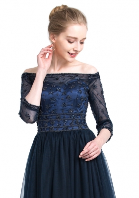 Off the Shoulder Navy Blue 3|4 Length Sleeve Tulle Zipper Prom Evening Gown for Prom and Party