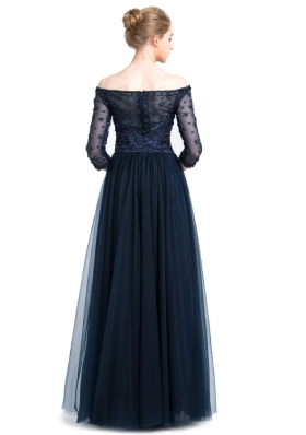 Off the Shoulder Navy Blue 3|4 Length Sleeve Tulle Zipper Prom Evening Gown for Prom and Party