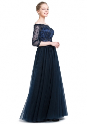 Off the Shoulder Navy Blue 3|4 Length Sleeve Tulle Zipper Prom Evening Gown for Prom and Party