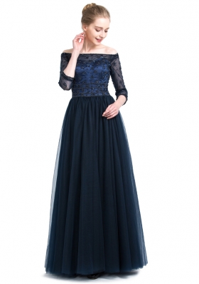 Off the Shoulder Navy Blue 3|4 Length Sleeve Tulle Zipper Prom Evening Gown for Prom and Party