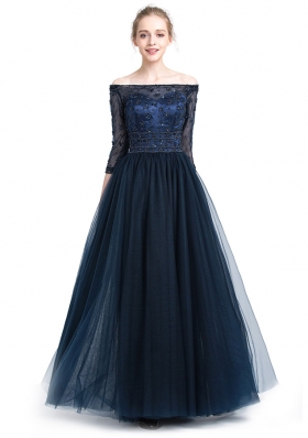 Off the Shoulder Navy Blue 3|4 Length Sleeve Tulle Zipper Prom Evening Gown for Prom and Party