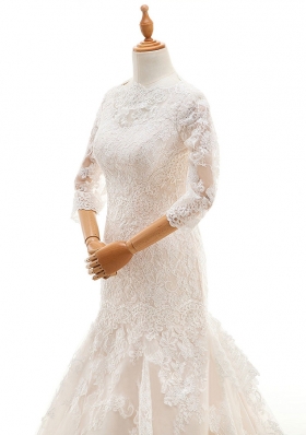 Scoop 3|4 Length Sleeve Wedding Dresses With Brush Train Beading and Lace White Organza