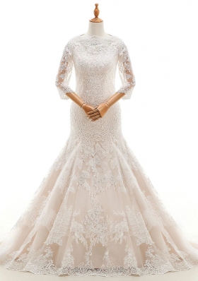 Scoop 3|4 Length Sleeve Wedding Dresses With Brush Train Beading and Lace White Organza