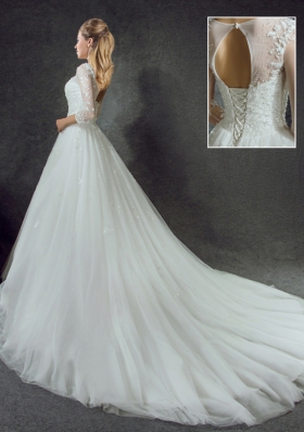 Scoop Tulle 3|4 Length Sleeve Wedding Dresses Court Train and Lace