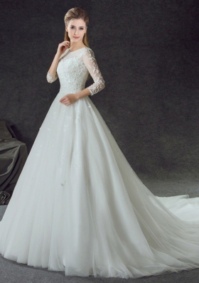 Scoop Tulle 3|4 Length Sleeve Wedding Dresses Court Train and Lace