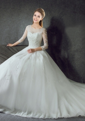 Scoop Tulle 3|4 Length Sleeve Wedding Dresses Court Train and Lace