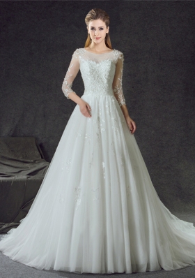 Scoop Tulle 3|4 Length Sleeve Wedding Dresses Court Train and Lace