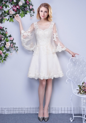 Scoop White Tulle Lace Up Court Dresses for Sweet 16 3|4 Length Sleeve Knee Length Lace