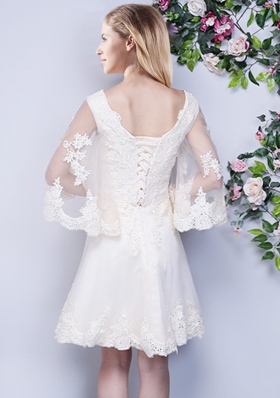 Scoop White Tulle Lace Up Court Dresses for Sweet 16 3|4 Length Sleeve Knee Length Lace