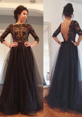 Shining Backless Black 3|4 Length Sleeve Beading and Lace Floor Length Prom Dress